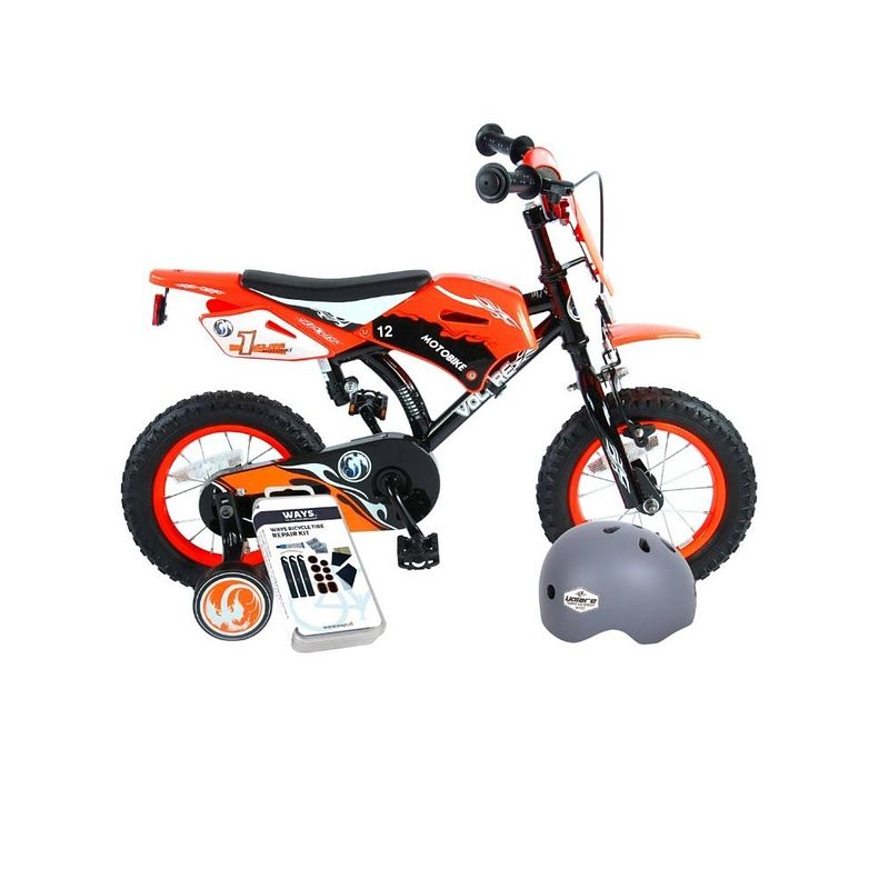 Foto van Volare kinderfiets motorbike - 12 inch - oranje - inclusief fietshelm + accessoires