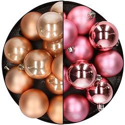 Foto van Kunststof kerstballen 6 cm - 24x stuks - lichtbruin en roze - kerstbal