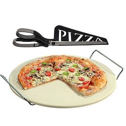 Foto van Keramieken pizzasteen rond 33 cm met handvaten en zwarte pizzaschaar - pizzaplaten