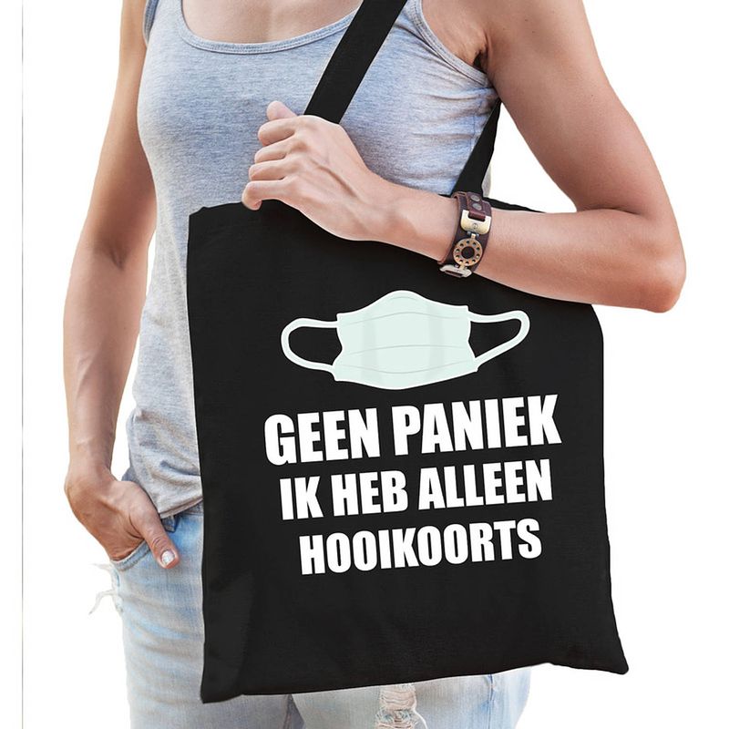 Foto van Geen paniek ik heb alleen hooikoorts tasje zwart katoen voor dames - feest boodschappentassen