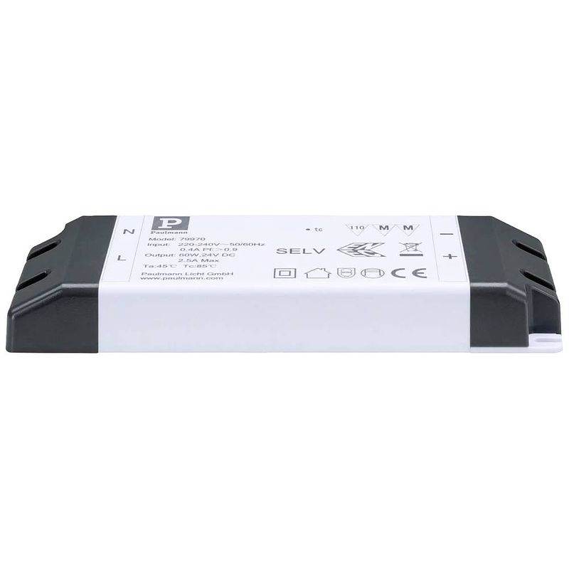 Foto van Paulmann 79970 power supply 24v dc 60va ip20 led-constante-spanningsbron 60 w (max) 2.5 a 24 v 230 v (b x h x d) 64 x 22 x 185 mm 1 stuk(s)