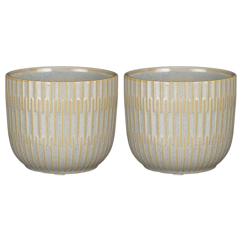 Foto van 2x stuks plantenpot/bloempot keramiek lichtgrijs stripes patroon - d11/h9 cm - plantenpotten