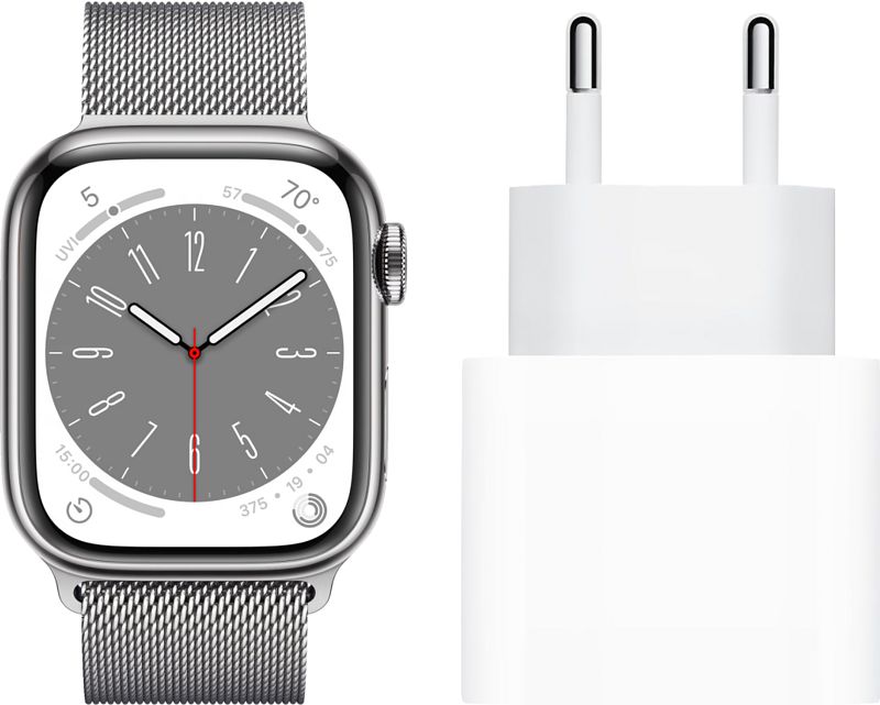 Foto van Apple watch series 8 4g 45mm zilver rvs milanese polsband + oplader