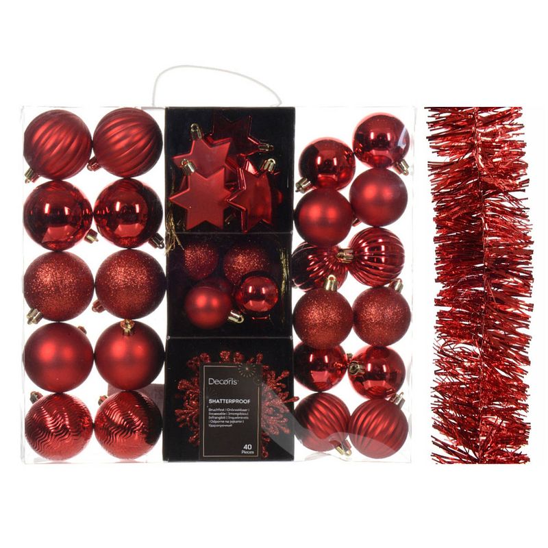 Foto van Kerstversiering- rood - kerstballen, ornamenten, slinger - kunststof - kerstbal