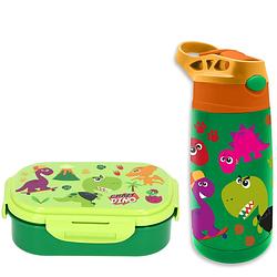 Foto van Crazy dino lunchbox set voor kinderen - 2-delig - groen - rvs/kunststof - lunchboxen