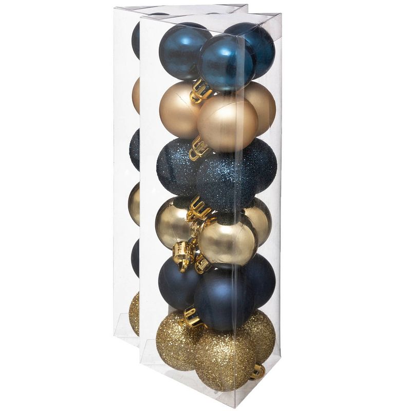 Foto van 36x stuks kerstballen blauw/goud glans en mat kunststof 3 cm - kerstbal