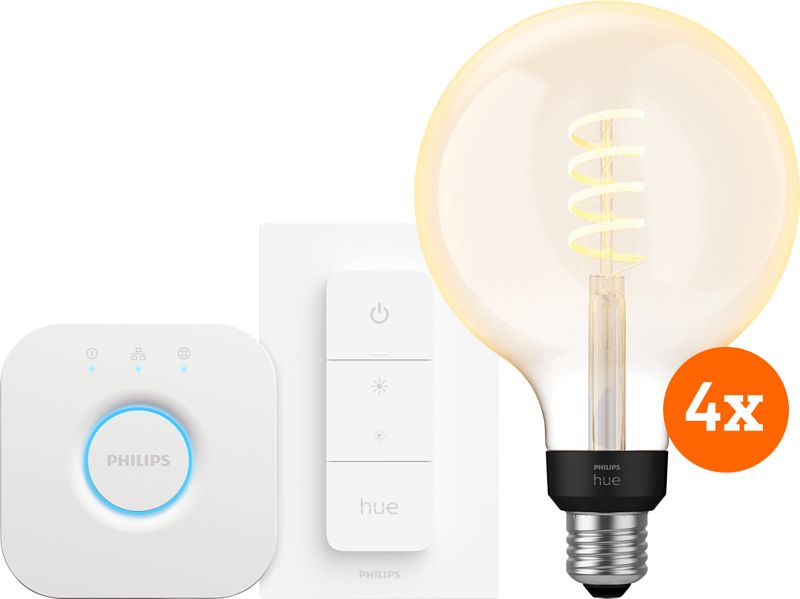 Foto van Philips hue filament white ambiance globe xl 4-pack startpakket