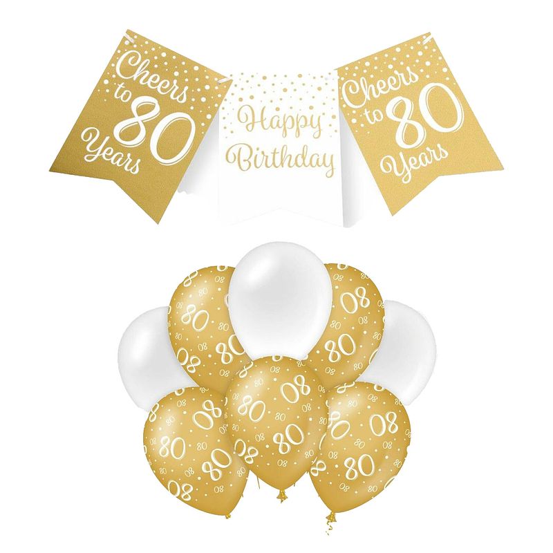 Foto van Paperdreams luxe 80 jaar feestversiering set - ballonnen & vlaggenlijnen - wit/goud - feestpakketten