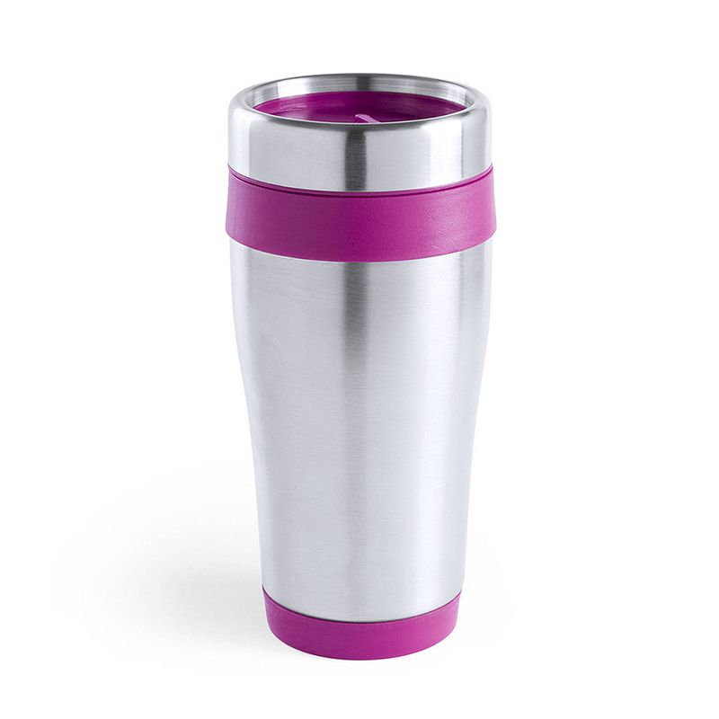 Foto van Warmhoudbeker/thermos isoleer koffiebeker/mok - rvs - zilver/roze - 450 ml - thermosbeker