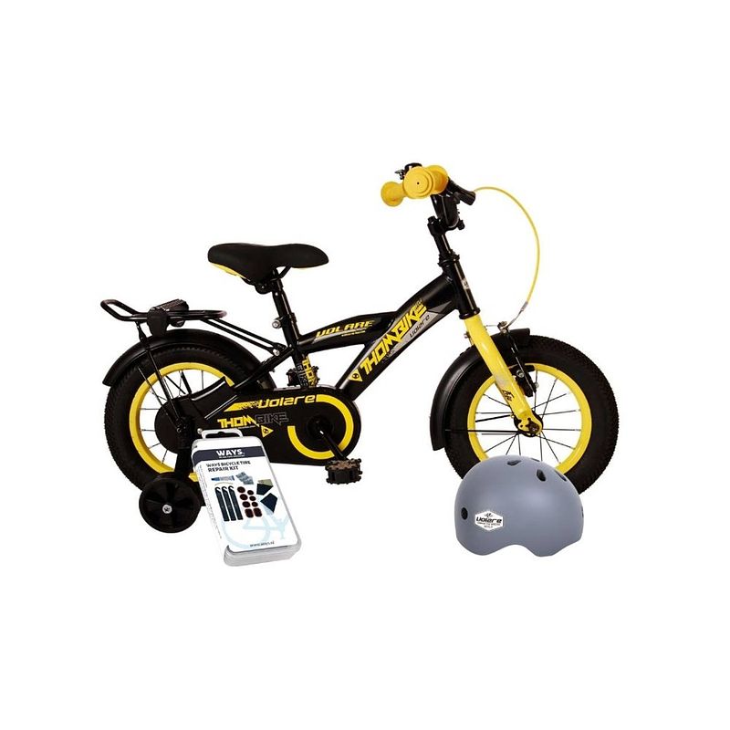 Foto van Volare kinderfiets thombike - 14 inch - zwart/geel - met fietshelm en accessoires