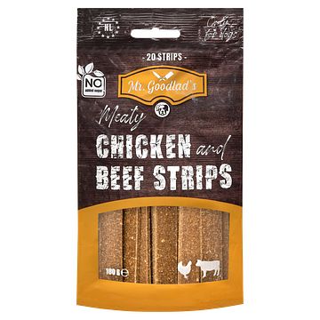 Foto van Mr. goodlad meaty chicken and beef strips 20 stuks 180g bij jumbo