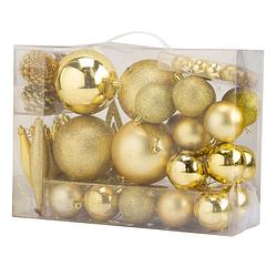 Foto van Pakket met 53x stuks kunststof kerstballen en kerstornamenten met ster piek goud - kerstbal