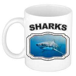 Foto van Dieren haai beker - sharks/ haaien mok wit 300 ml - feest mokken