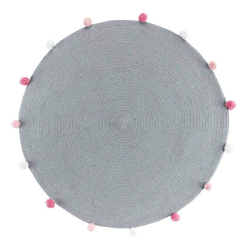 Foto van Orange85 decoratief rond kleed - laagpolig - carpet - 90x90cm - grijs - roze pompons - polyester