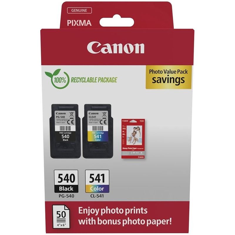 Foto van Canon pg-540 + cl-541 cartridges + gp-501 fotopapier inkt