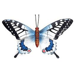 Foto van Zwart/blauwe metalen tuindecoratie vlinder 37 cm - tuinbeelden