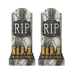 Foto van Set van 2x stuks horror kerkhof decoratie grafsteen kaarsen met licht 93 x 42 cm - feestdecoratievoorwerp