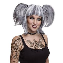 Foto van Funny fashion gothic/halloween damespruik met staartjes - grijs - famous caracters - verkleedpruiken
