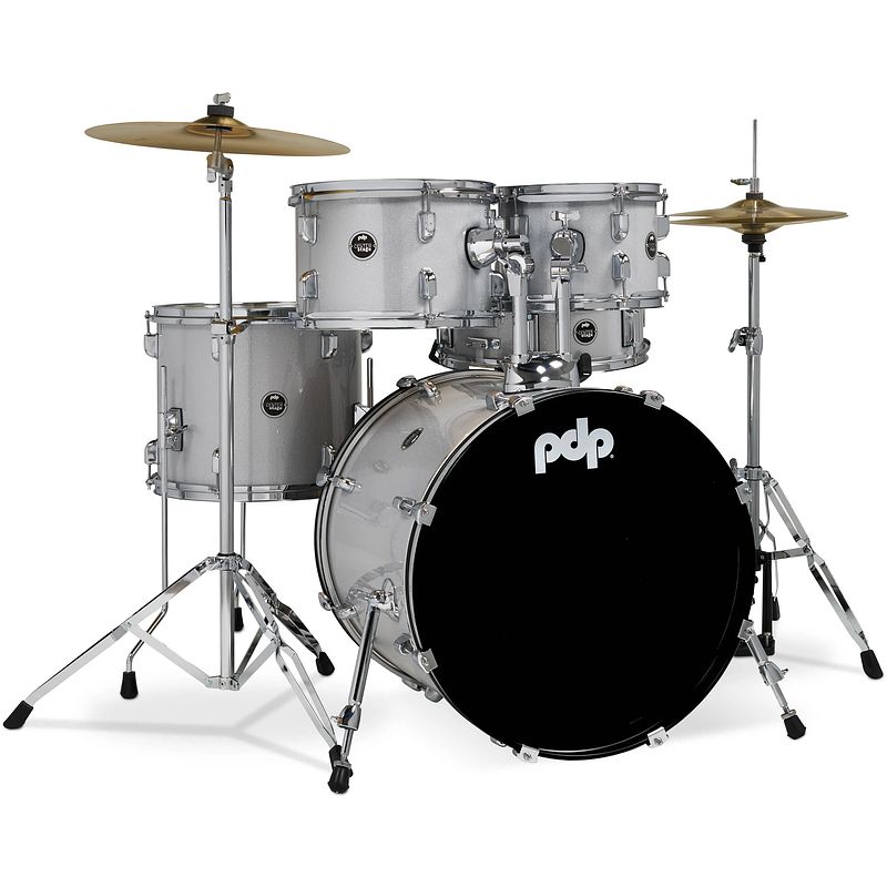 Foto van Pdp drums center stage fusion diamond white sparkle 5d. drumstel met bekkens en hardware