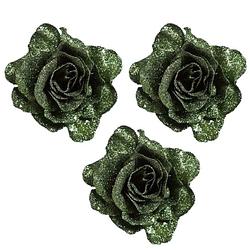 Foto van 4x stuks groene decoratie rozen glitters op clip 10 cm - kersthangers