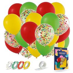 Foto van Fissaly® 40 stuks rood, geel & groen carnaval helium ballonnen met lint - versiering decoratie - papieren confetti