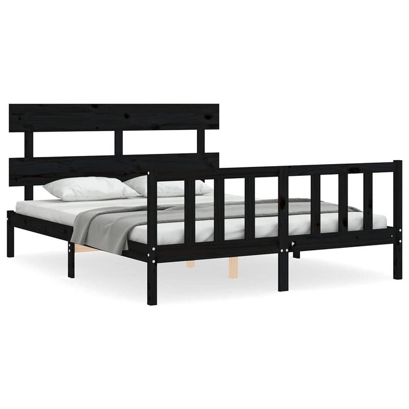 Foto van The living store bed grenenhout zwart - 205.5 x 165.5 x 81 cm - multiplex lattenbodem