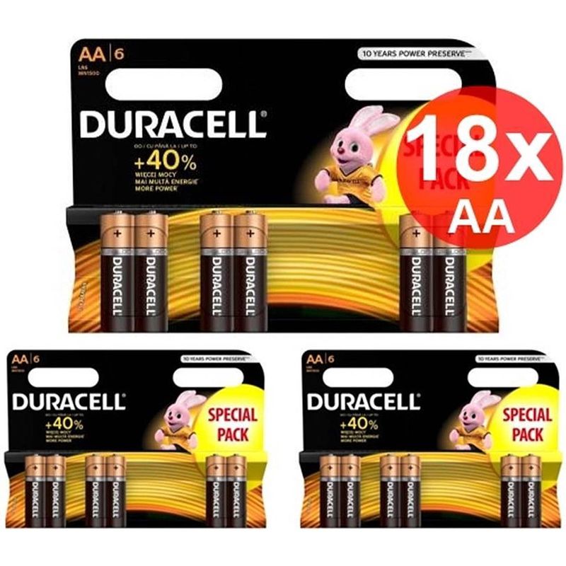 Foto van Duracell lr6 / aa / r6 / mn 1500 1.5v alkaline batterij - 18 stuks (3 blisters a 6st)
