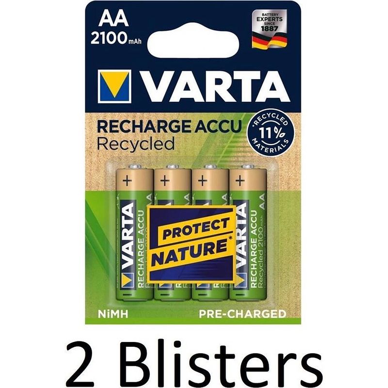 Foto van 8 stuks (2 blisters a 4 st) varta recycled aa oplaadbare batterijen - 2100 mah