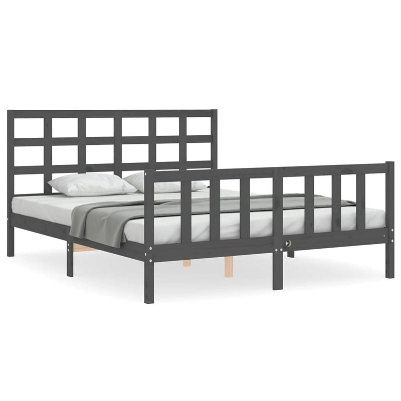 Foto van The living store houten bedframe - grijs - 205.5 x 155.5 x 100 cm - massief grenenhout - multiplex lattenbodem