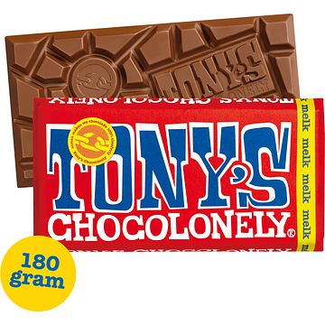 Foto van 2 voor € 4,50 | tony's chocolonely melk chocolade reep 180g aanbieding bij jumbo