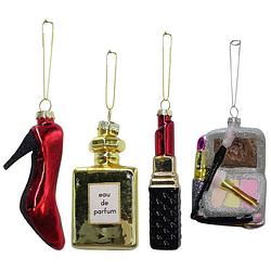 Foto van Iko kersthangers pump, parfum, lipstick, portemonnee - 3x st - glas - kersthangers