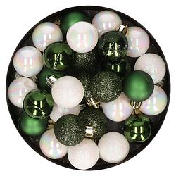 Foto van 28x stuks kunststof kerstballen parelmoer wit en donkergroen mix 3 cm - kerstbal