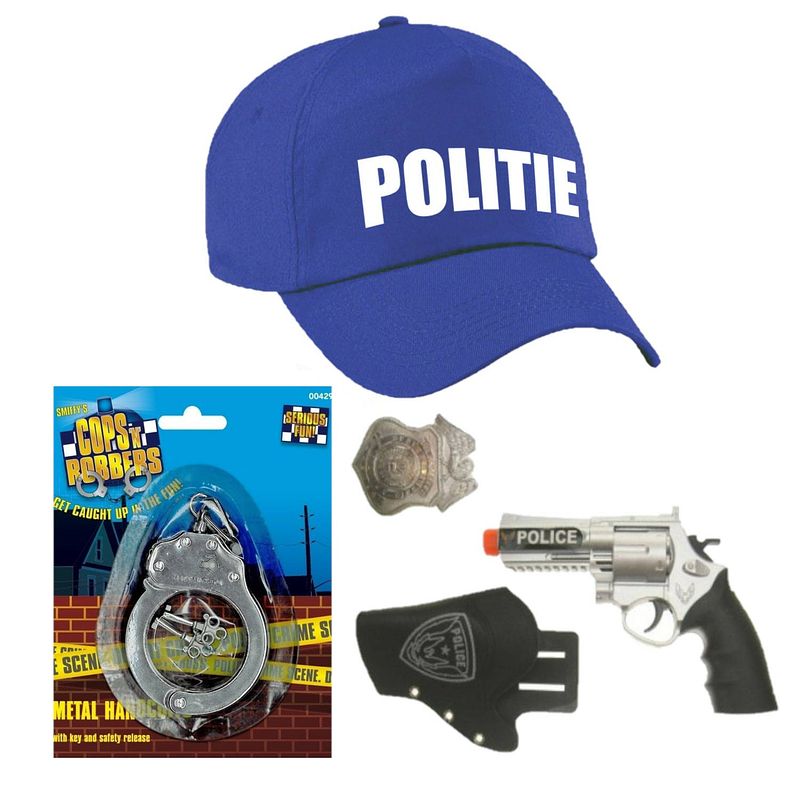 Foto van Politie verkleed cap/pet blauw met pistool/holster/badge/handboeien voor kinderen - verkleedhoofddeksels