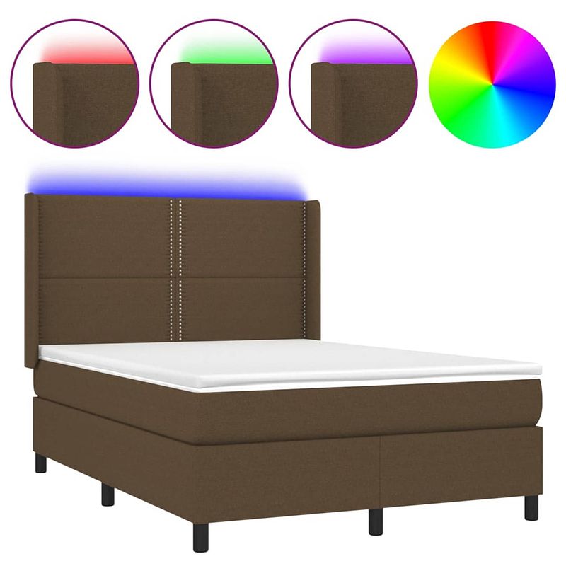 Foto van The living store boxspring bed - donkerbruin - 193x147x118/128 cm - verstelbaar hoofdbord - kleurrijke led-verlichting