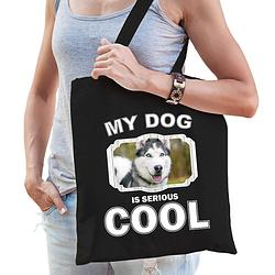 Foto van Katoenen tasje my dog is serious cool zwart - husky honden cadeau tas - feest boodschappentassen