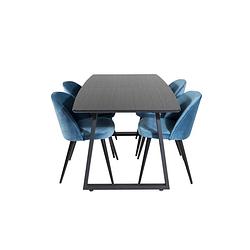 Foto van Incablbl eethoek eetkamertafel udtræksbord længde cm 160 / 200 zwart en 4 velvet eetkamerstal velours blauw, zwart.