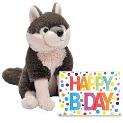 Foto van Knuffel wolf 25 cm cadeau sturen met xl happy birthday wenskaart - knuffeldier
