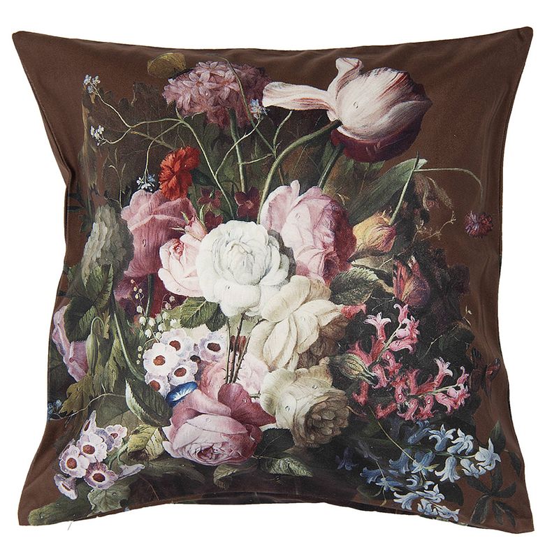 Foto van Clayre & eef kussenhoes 45*45 cm bruin polyester vierkant bloemen sierkussenhoes kussen hoes bruin sierkussenhoes