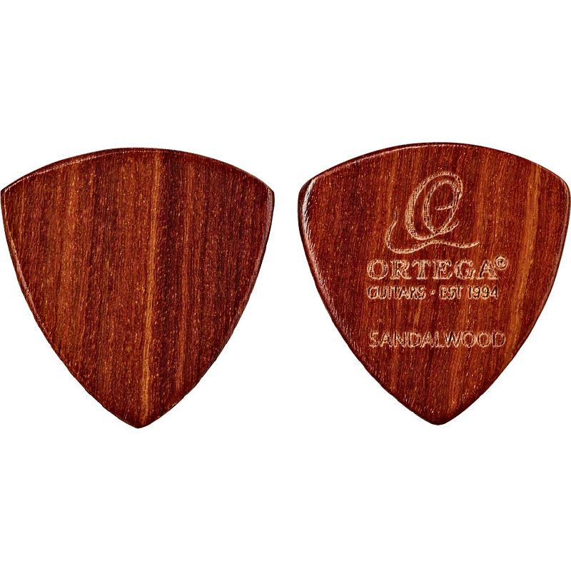 Foto van Ortega ogpwxlf-sw2 wooden picks triangle xl sandalwood 2.00 mm plectrumset (2 stuks)