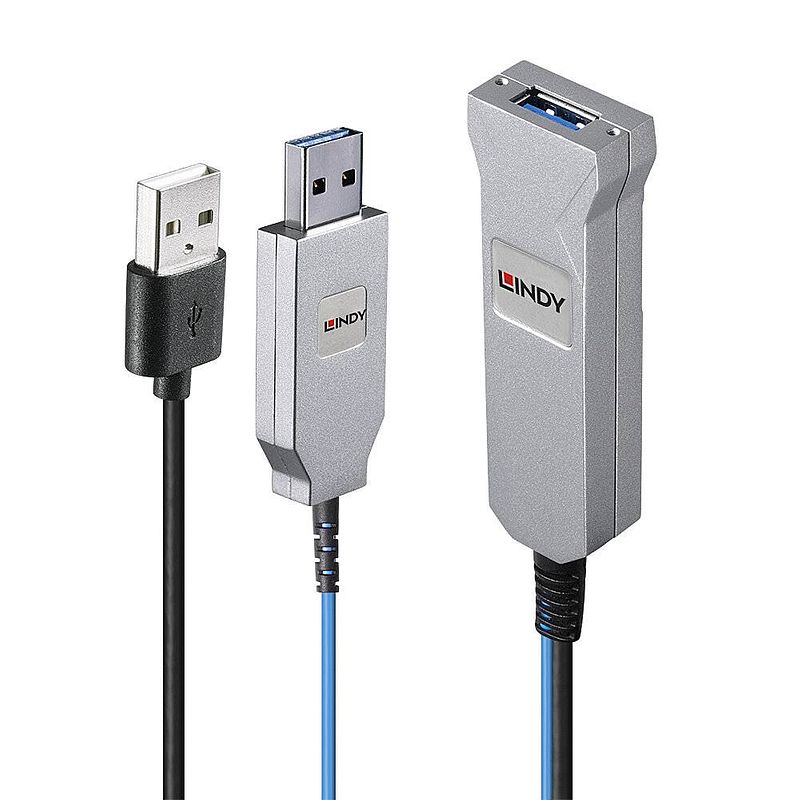 Foto van Lindy usb-kabel usb 3.2 gen1 (usb 3.0 / usb 3.1 gen1) usb-a stekker, usb-a stekker, usb-a bus 100 m blauw, zilver 43346