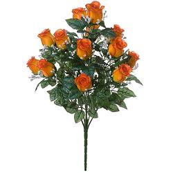 Foto van Louis maes kunstbloemen boeket rozen/gipskruid - oranje - h56 cm - bloemstuk - bladgroen - kunstbloemen