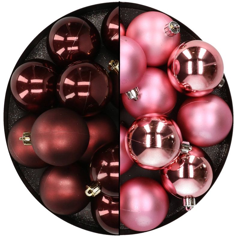 Foto van Kunststof kerstballen 6 cm - 24x stuks - bruin en roze - kerstbal