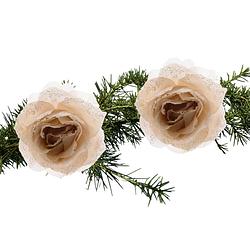 Foto van 2x stuks kerstboom decoratie bloemen op clip roos creme 14 cm - kunstbloemen