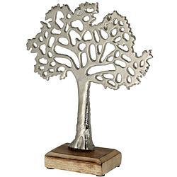 Foto van Decoratie levensboom van aluminium op houten voet 30 cm zilver - beeldjes