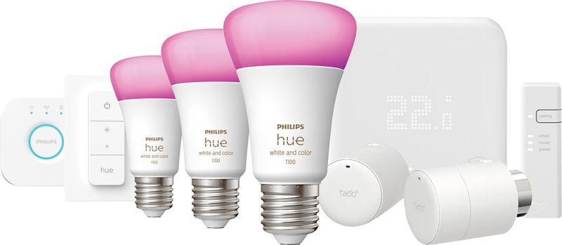 Foto van Tado thermostaat v3+ startpakket + 2 knoppen + philips hue white & color e27 starter pack