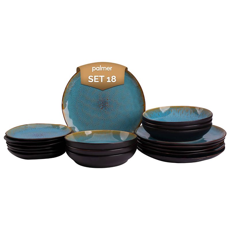 Foto van Palmer bordenset lotus stoneware 6-persoons 18-delig turquoise zwart