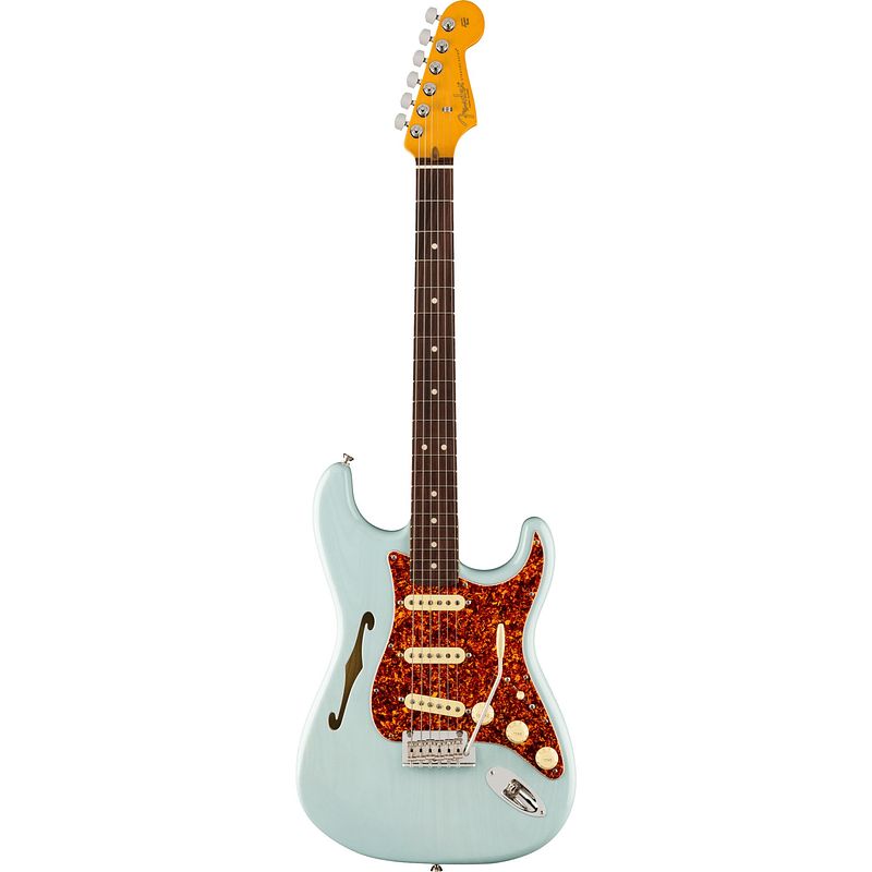 Foto van Fender american professional ii stratocaster thinline rw transparent daphne blue met deluxe koffer