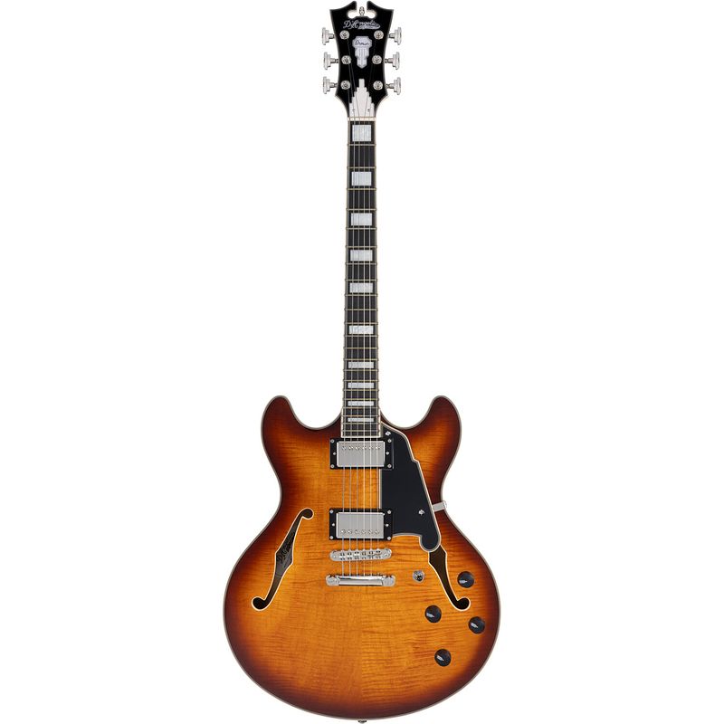 Foto van D'sangelico premier dc dark iced tea burst stopbar semi-akoestische gitaar met gigbag