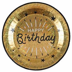 Foto van Verjaardag feest bordjes happy birthday - 10x - goud - karton - 22 cm - rond - feestbordjes