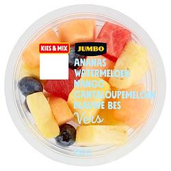 Foto van 3 voor € 6,00 | jumbo fruitstukjes ananas, watermeloen, mango, cantaloupemeloen & blauwe bes 150g aanbieding bij jumbo